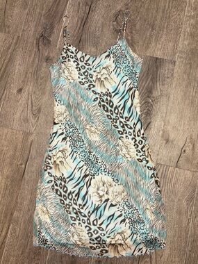 Aqua Mesh Mixed Floral & Leopard Print Slip Dress with Beads